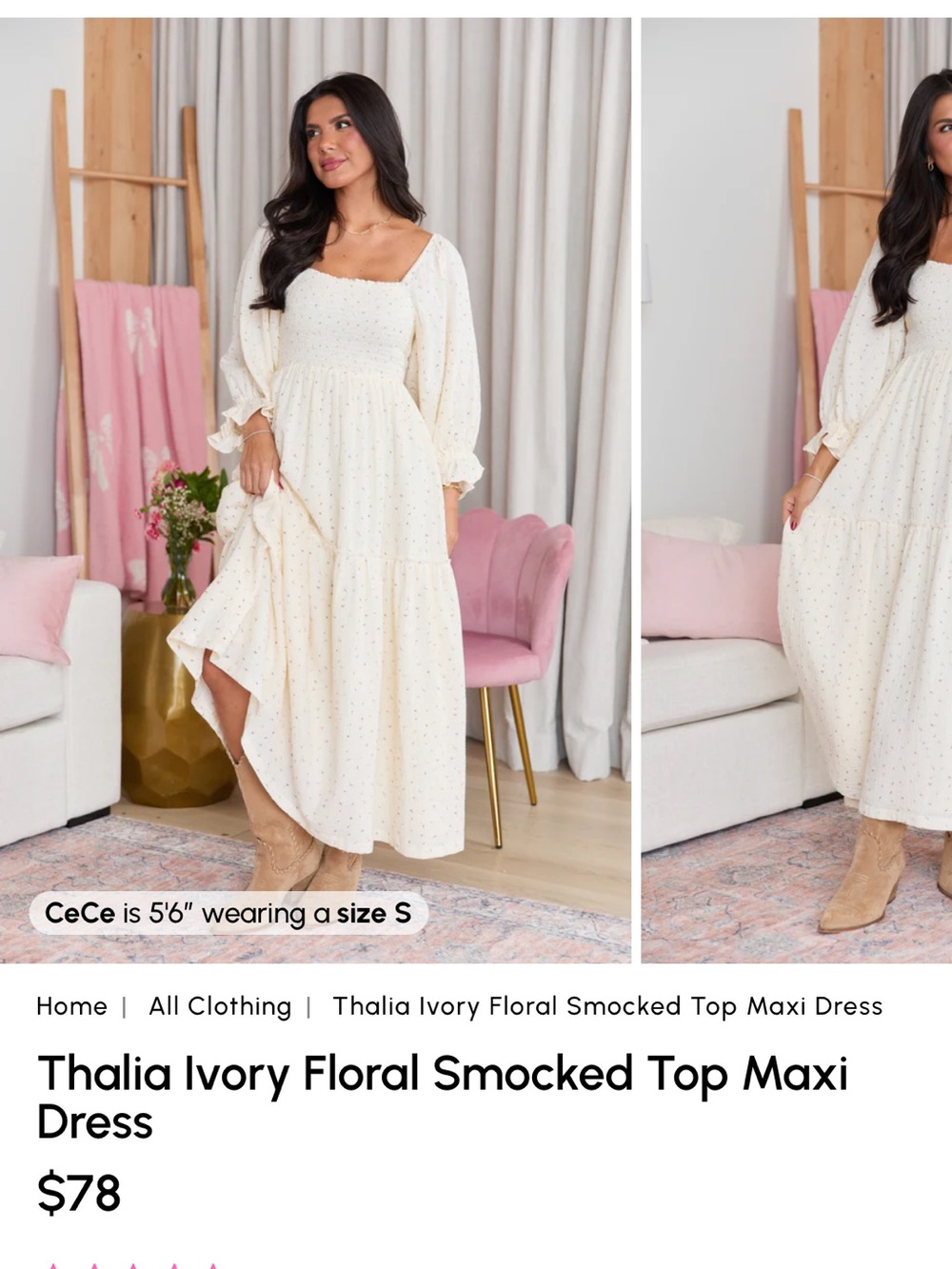 Ivory smocked  pink Lily Maxi Dress